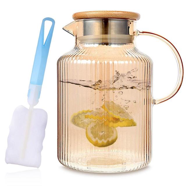 LUCKY-GO Glass Pitcher with Filter Lid, Spout and Handle, 61 Ounces Heat Resistant Borosilicate Glass Water Pitcher, Glass Carafe with Brush for Hot Cold Water, Milk, Iced Tea, Juice, Beverage(Amber)