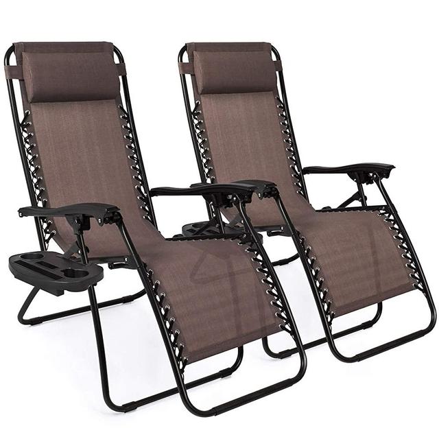 Best Choice Products Set of 2 Adjustable Steel Mesh Zero Gravity Lounge Chair Recliners w/Pillows and Cup Holder Trays, Brown