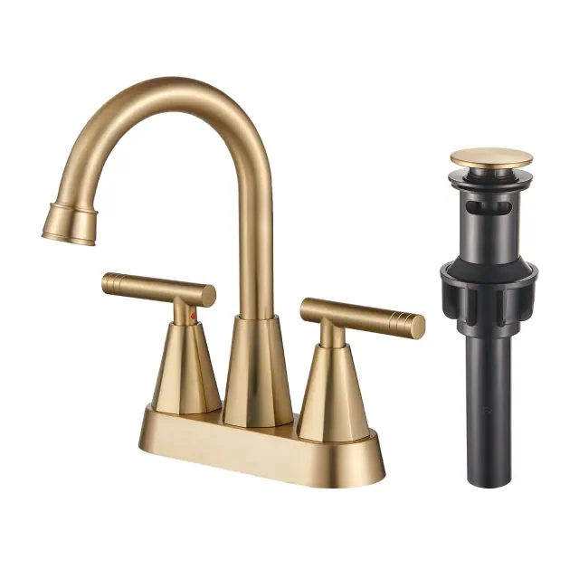 Cobbe Brushed Gold Bathroom Faucets, 4-Inch Bathroom Sink Faucet, 2 Handle Bathroom Sink Faucet with Pop Up Drain and Water Supply Lines, Gold