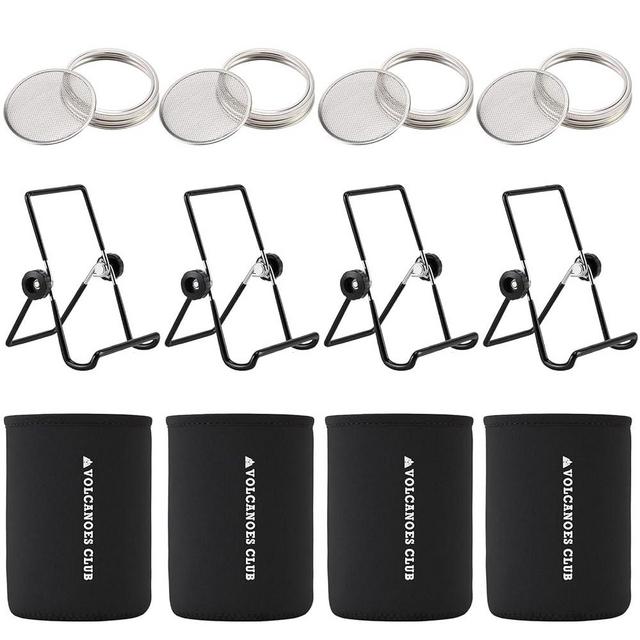 VOLCANOES CLUB Seed Sprouting Jar Germination Kit Accessories - Jar Stands/Blackout Sleeves/Sprout Lids for Wide Mouth Mason Jar - for Growing Broccoli, Bean Sprouts, Alfalfa, Microgreens (4 Pack)