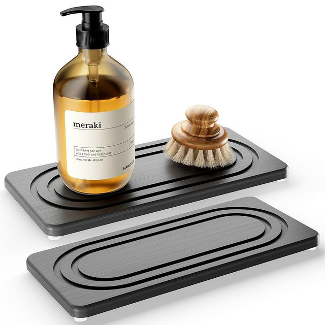 MAGKOTA Water Absorbing Stone Tray for Sink, Quick Drying Diatomite Bathroom Tray Countertop, Stone Drying Mat for Kitchen Counter Faucet, Soap Dish Dispenser Vanity Organizer, Dark Grey-B-8.3" x 4"