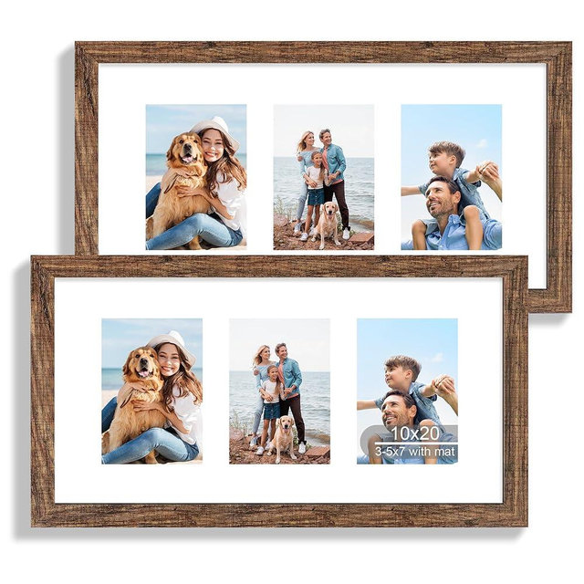 Hongkee 10x20 Picture Frame Set of 2, Rustic Brown Wood Frame with Real Glass Collage Frame, Display Pictures Three 5x7 With Mat or 10 x 20 Without Mat - Horizontal or Vertical Wall Mounting