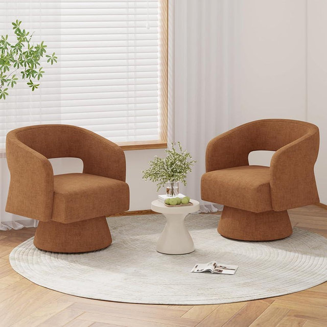 Luxanimarion Swivel Barrel Accent Chair,Oversized Chenille Upholstered Round Swivel Chair,Modern Luxury 360 Degree Living Room Vanity Chair for Bedroom Office,Khaki,2PCS