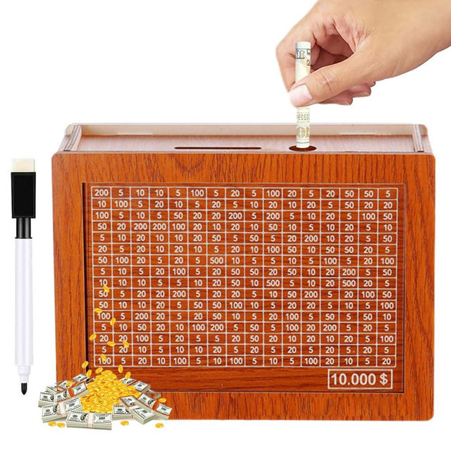 2025 Upgraded Cash Vault Wooden Savings Box, Retro Money Box Storage Box Wooden Cash Saver Money Box, Money Saving Box Wooden Money Box with Money Target and Numbers (10000 Light Brown)