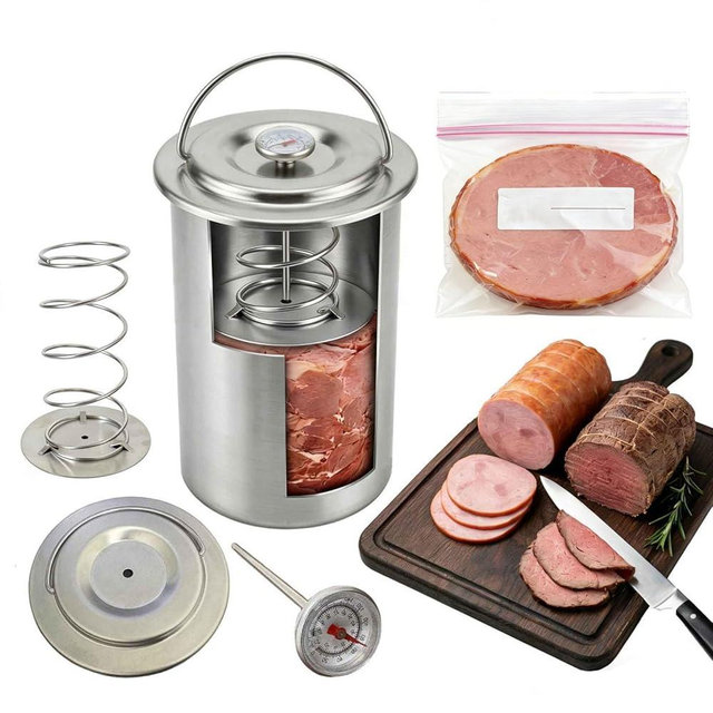 Stainless Steel Deli Meat Press - with 10pcs Ziplock Bag,1.5L Large Capacity Lunch Meat Press with Thermometer,Homemade Sandwich Meat Press, for Ham,Roast Beef,Kitchen Cooking