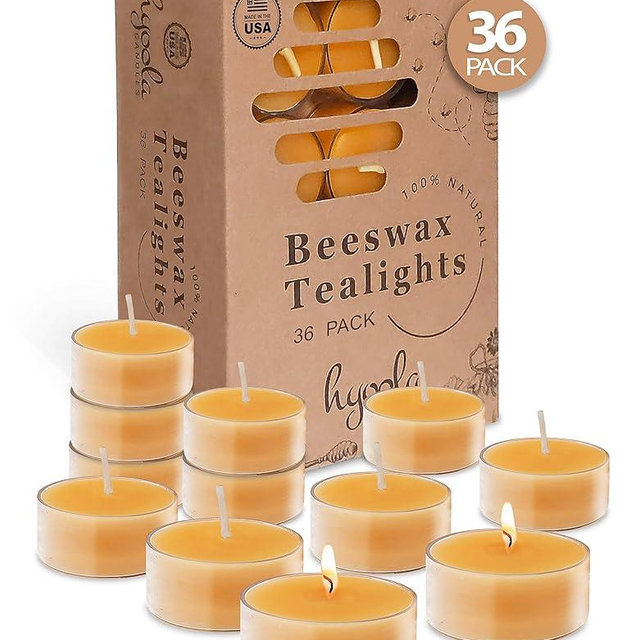 Hyoola Pure Beeswax Tea Lights, Handmade Decorative Unscented, Tealight Candles, 4 Hour Burn Time, Clear Cup (Pack of 36)