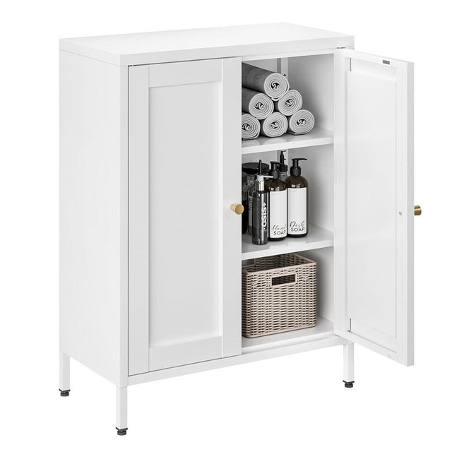 Bevivog Bathroom Floor Storage Cabinet,Metal Storage Sideboard with 2 Doors and 2 Adjustable Shelves,Modern Storage Freestanding Organizer Rust-Proof Locker,Living Room,Hallway,White