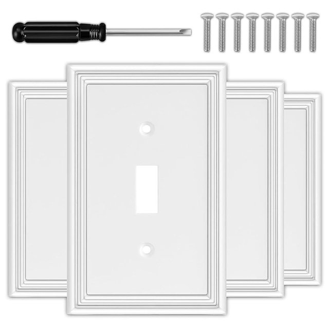 White Decorative Single Toggle Light Switch Covers Wall Plate, Natural Bamboo Fiber Material Switch Plate Covers - Modern Style (1 Gang Toggle 4 Pack)