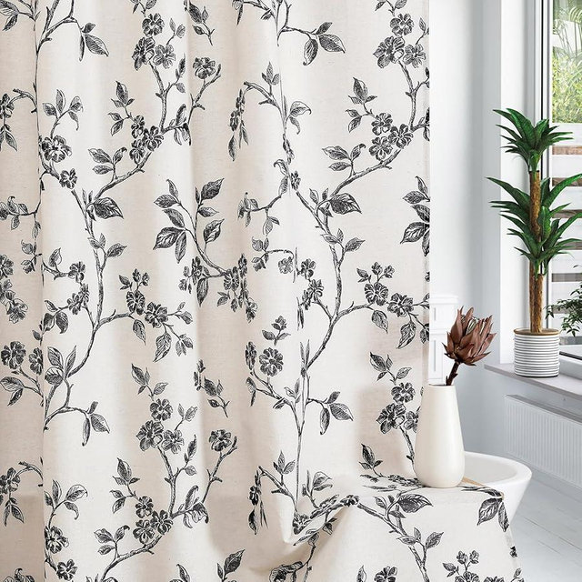 MitoVilla Black Boho Shower Curtain Set, Cotton Floral Cottagecore Spring Shower Curtains for Bathroom, Modern Farmhouse Country Plant Leaves Bathroom Décor, 72" W x 72" L