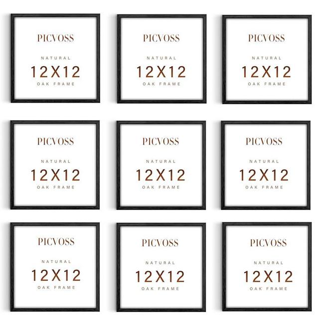 picvoss Oak Wood 12x12 Picture Frames Set of 9, Classic Gallery Wall Frame Set Displays 8x8 Photo with Mat or 12x12 without Mat, Square Picture Frames Collage Wall Decor, Black