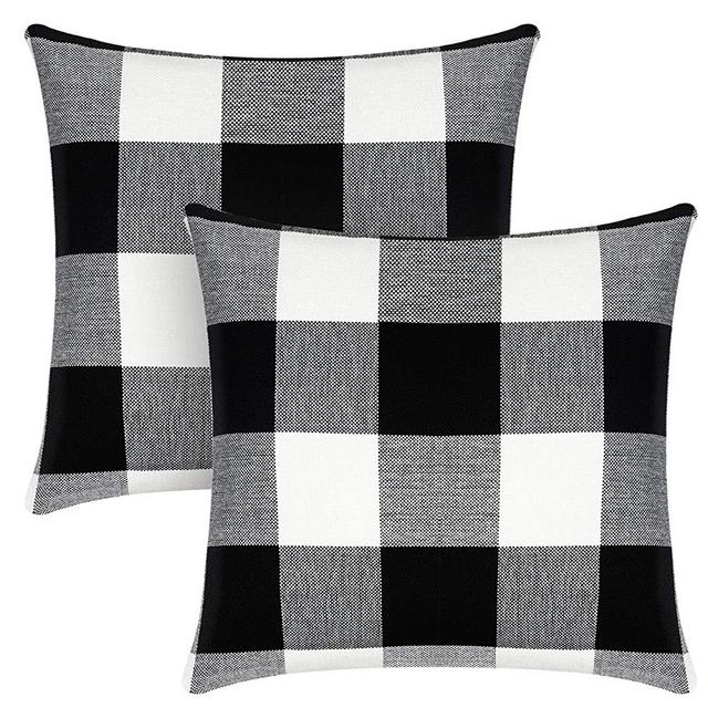 Syntus Set of 2 Buffalo Check Throw Pillow Covers Farmhouse Outdoor Plaid Square Pillow Cushion Case Black and White Cotton Linen for Home Easter Decor Car Bed Sofa, 18 x 18 inches