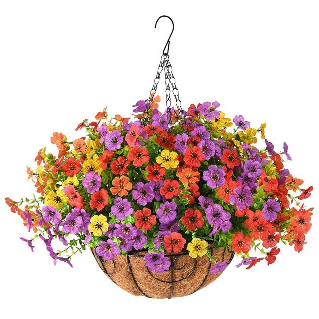 ZFProcess Artificial Faux Hanging Plants Flowers Basket for Spring Outdoor Decoration, Fake Silk Daisy in Planter Realistic UV Resistant Look Real for Porch Home Patio Balcony Yard(Multicolor)