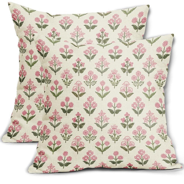 Sivirary Pink Green Block Print Pillow Covers 18x18 Inch Set of 2 Vintage Floral Decorative Pillow Cases Boho Outdoor Linen Square Cushion Cover Rustic Farmhouse Decor for Bedroom Home Sofa Couch Bed