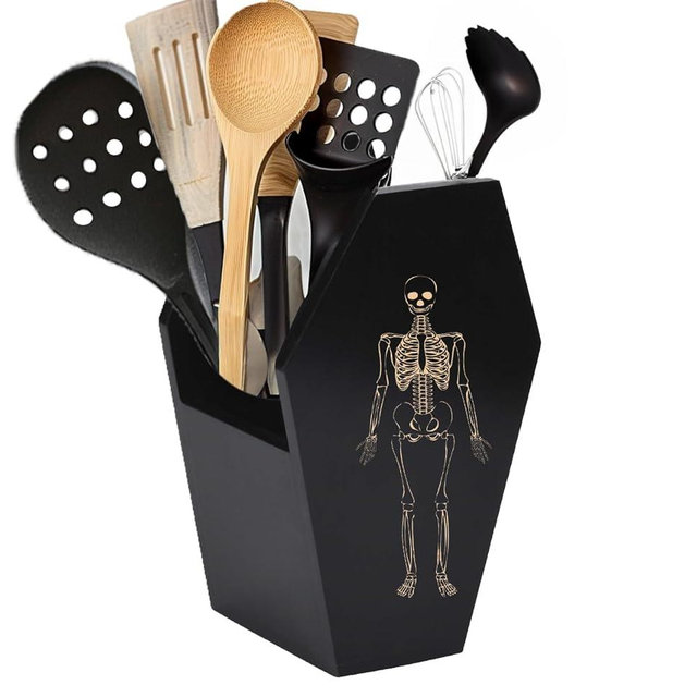 TOSOENPHY Halloween Coffin Utensil Holder with Cool Etched Skeleton Design - Spooky Gothic Kitchen Decor for Spoons/Spatulas Kitchenware Accessories, Goth Witch Kitchen Decor, Deep and Sturdy