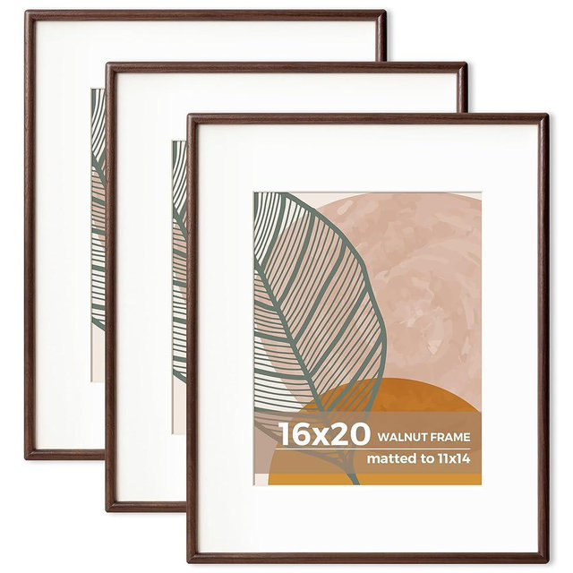 Axeman 16 x 20 Walnut Frame Set of 3 - Rounded Corner 16x20 Picture Frame Matted to 11x14 - Natural Walnut Wood Photo Frame with Tempered Glass for Wall Mount Display