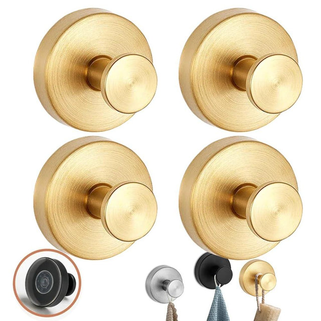 Luxe Hold No-Drill Hooks, 2024 Upgraded Suction Cup Hooks, Stainless Steel Waterproof Suction Cup Hooks for Shower, Bathroom, Hanging Towels, Mounting on Glass Shower Doors, Tile, Mirrors (Gold*4)