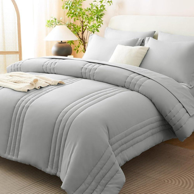 CozyLux Queen Comforter Set - 7 Pieces Bed in a Bag Light Grey Comforter Set with Sheets Luxury Bed Set All Seasons, Soft Bedding Set with Down Alternative Comforter, Sheets, Pillowcases & Shams