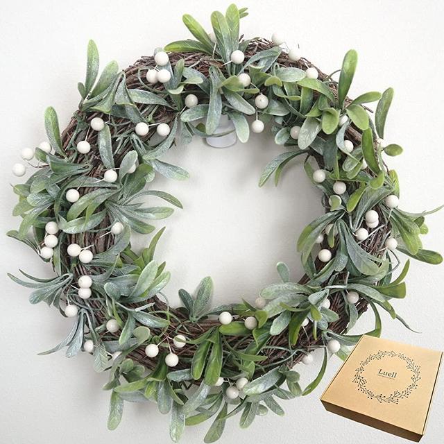 Luell Handmade Artificial Wreath with Green Leaves and White Beans - 14 inches for Front Door Home Decor Year Round