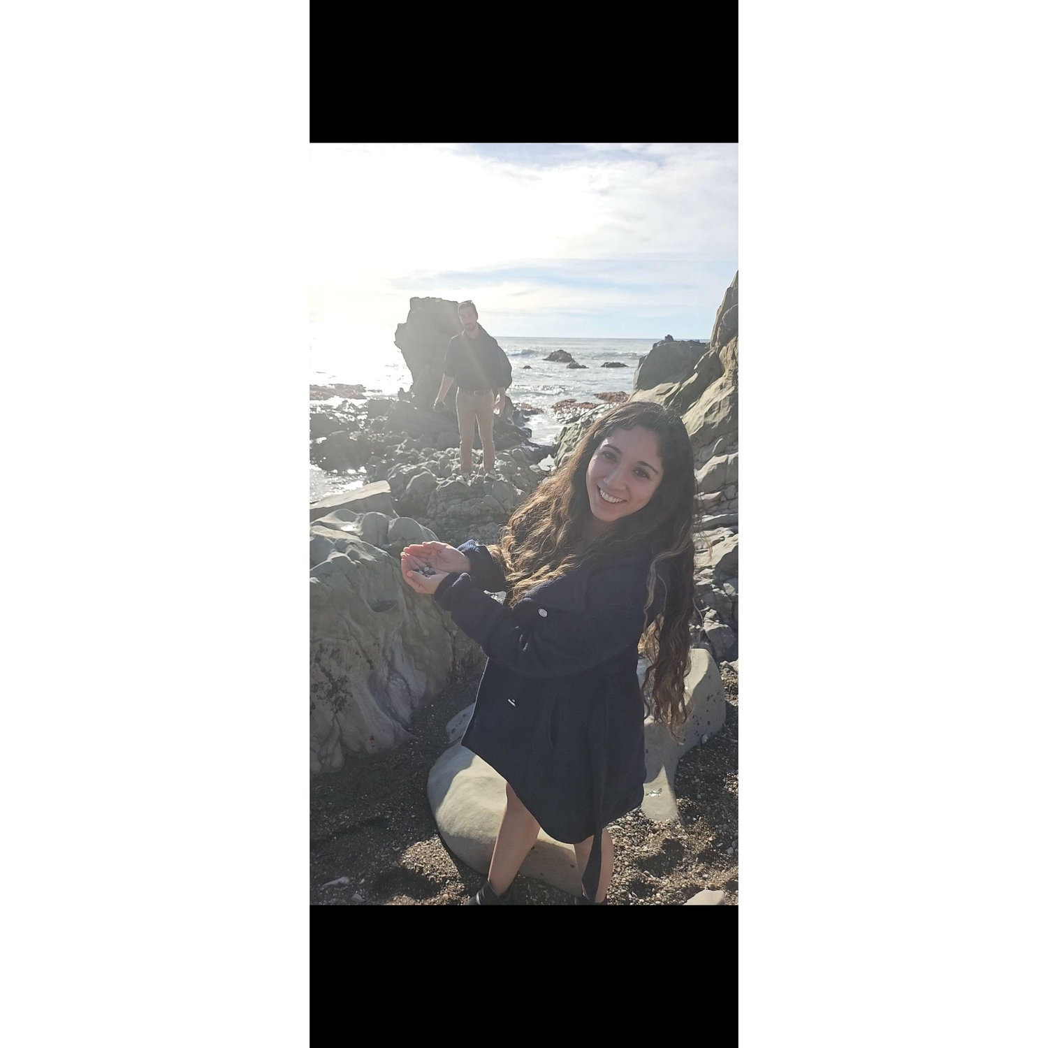 Playing with rocks at Moonstone Beach.