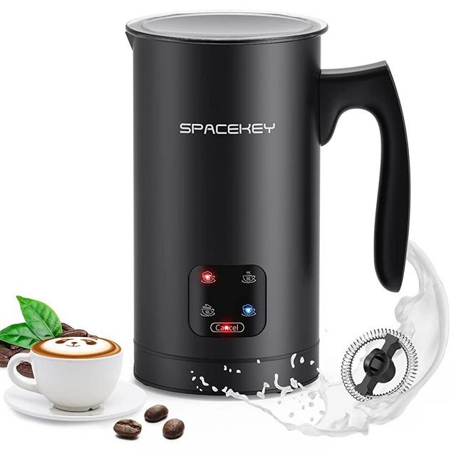 Milk Frother, Spacekey 4-in-1 Electric Milk Steamer, 10.1oz/300ml Large Capacity Hot & Cold Frothing and Heating Milk, Automatic Soft Foam Maker for Coffee, Latte, Stainless Steel Milk Warmer, Black