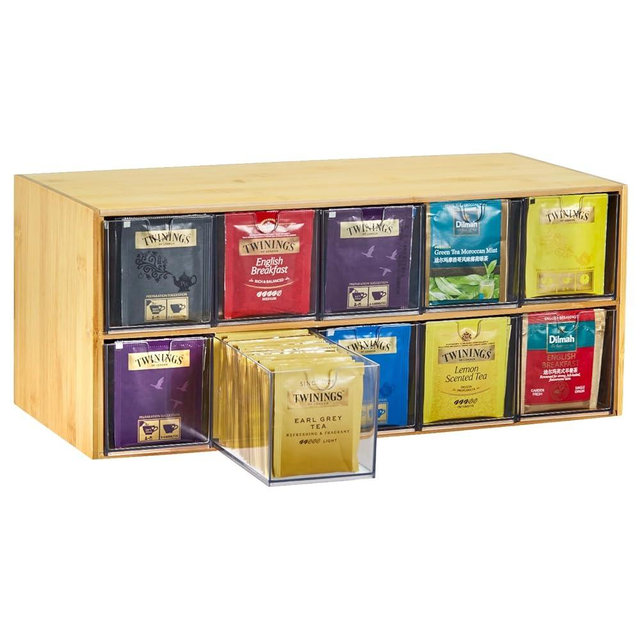 TIMIEEYA Tea Bag Organizer - Bamboo Tea Storage Organizer With Drawer 2 Layer, Tea Organizer for Tea Bags Natural Wood & Acrylic for Countertop Office Kitchen Cabinet Pantry