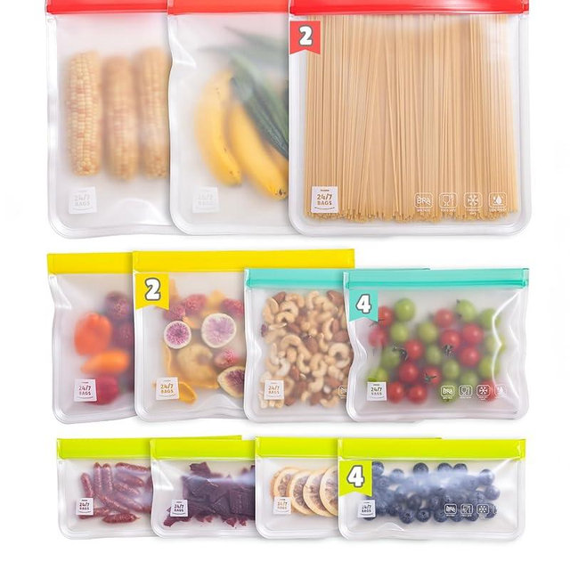 12 Pack Variety Reusable Food Storage Bags, Food Grade Silicone PEVA Material, Double Zipper, Freezer Safe, BPA-Free (4 Snack, 4 Sandwich, 2 Quart, 2 Gallon)