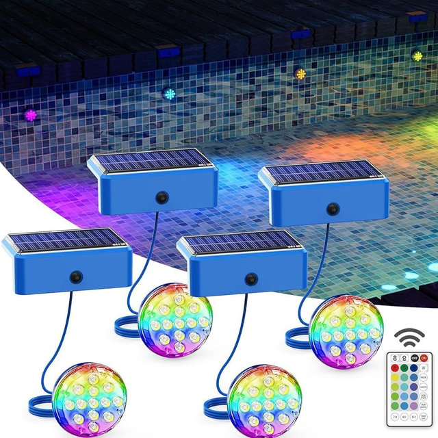 Solar Pool Lights for Inground Pools Waterproof with Remote, Outdoor Solar Lights, RGB 16 Colors Changing Submersible LED Pool Lights for Above Ground Pools Accessories, Pond, Garden Decoration, 4Pack