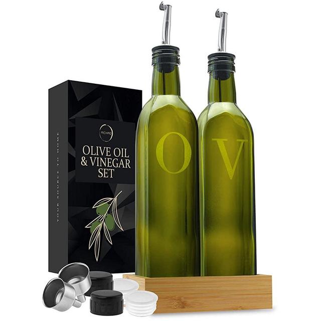 Olive Oil Dispenser Bottle Set of 2 With Wood Tray 17 Oz Glass Oil and Vinegar Dispenser - Stainless Steal Pourers - Funnel - Dust Caps - Oil Bottles for Kitchen Dark Green Olive Oil Bottle Oil Pourer