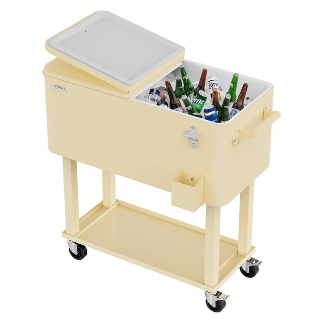 VINGLI 80 Quart Rolling Ice Chest, Portable Patio Party Bar Drink Cooler Cart, with Shelf, Beverage Pool with Bottle Opener