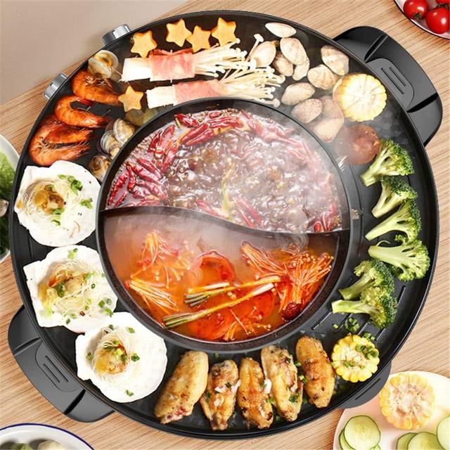 2200W 2 in 1 Electric Smokeless Grill and Hot Pot 110V Split Easy Cleaning Dual Temperature Control（US STOCK)