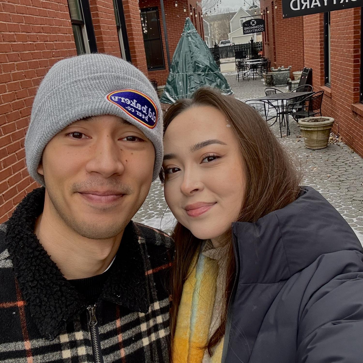 Touring our rehearsal dinner site in the freezing snow!