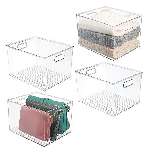 mDesign Plastic Home Storage Basket Bin with Handles for Organizing Closets, Shelves and Cabinets in Bedrooms, Bathrooms, Entryways and Hallways - Store Sweaters, Purses - 8" High, 4 Pack - Clear