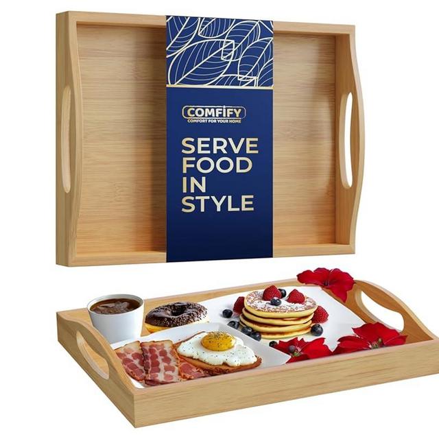 Comfify 1pc Bamboo Serving Tray - Versatile Ottoman Tray for Entertainment & Decor - Natural Color, Smooth Edges Design