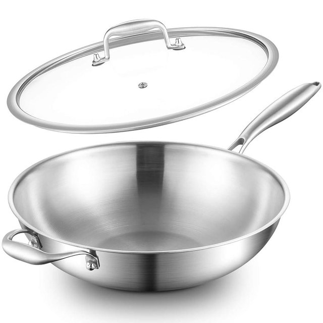 DELARLO Tri-Ply Stainless Steel Wok, 12 Inch Cooking Wok Pan with Lid, With Side Ear, Wide & Deep Cookware Stir-Fry Pans, Dishwasher and Oven Safe Up To 600°F, Works on Induction