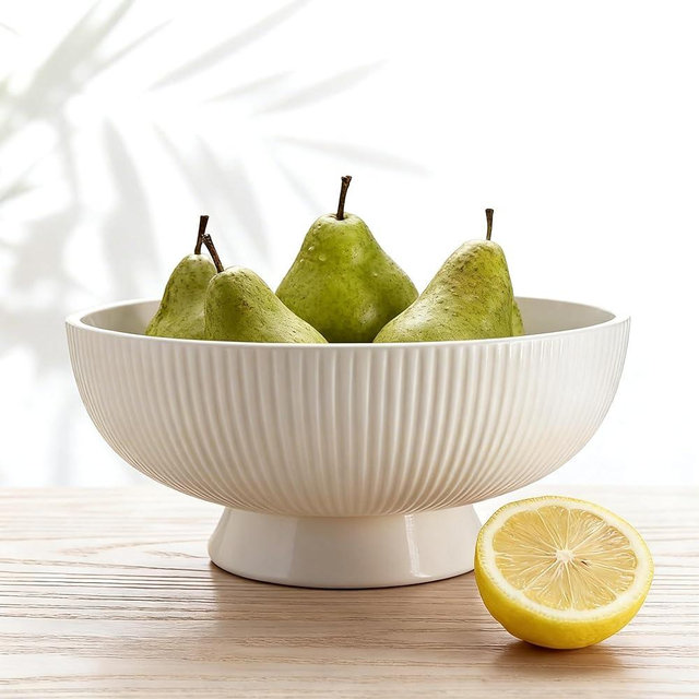 Gutedeal 10 Inch Large Decorative Bowl Handmade Ceramic Matte White Striped Decor Bowls, Spacious Fruit & Key Catch All Bowl for Kitchen Counter, Entryway, Centerpiece, Wedding