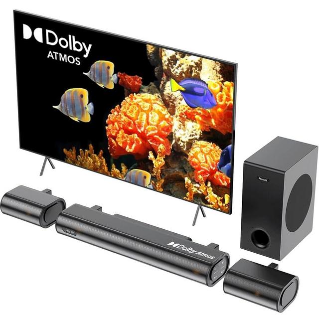 Hiwill 4.1ch Dolby Atmos Soundbar, 300W Sound Bars for Smart TV with Subwoofer, 2 Front Surround Speakers, Soundbar for TV Speakers, Adjustable Bass & Treble, Surround Sound System for TV, HiElite A41