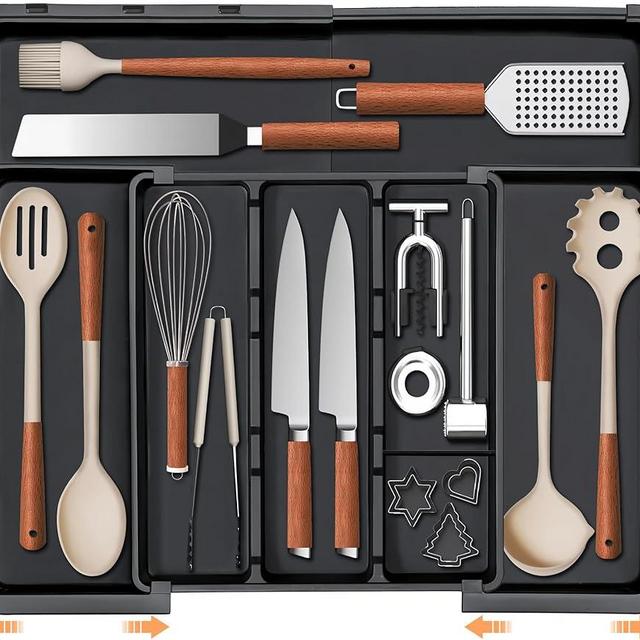 Spaclear Large Utensil Drawer Organizer Expandable Silverware Organizer for Kitchen Drawer Adjustable Cooking Utensil Holder Cutlery Flatware Tray Spatula Tools Gadgets Storage Dividers Plastic Black