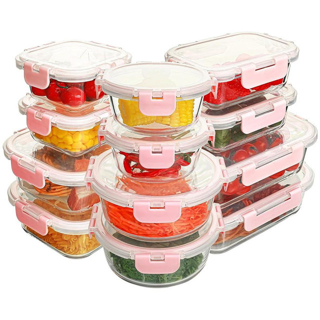 YARYOUNG 12 Pack Glass Food Storage Containers Set, Glass Meal Prep Containers with Lids, Airtight Lunch Containers, Dishwasher Safe, pink