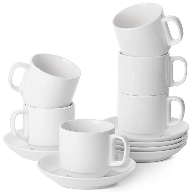 BTaT- Stackable Tea Cups and Saucers, Set of 6 (8 oz), Cappuccino Cups, Coffee Cups, White Tea Cup Set, British Coffee Cups, Porcelain Tea Set, Latte Cups.