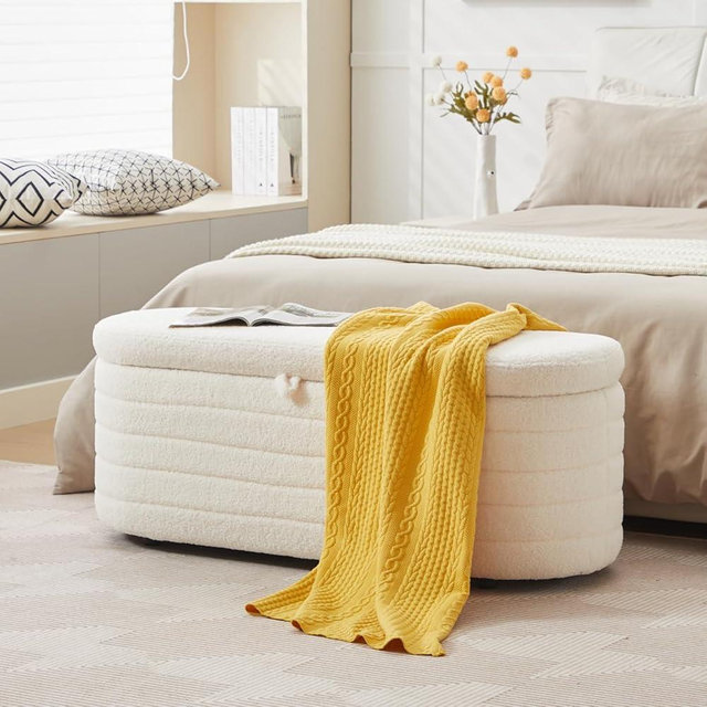 Storage Ottoman Bench End of Bed for Bedroom,45 inch Boucle Upholstered Entryway Shoe Seat Bench w/ Storage,Sherpa Modern Cute Padded Blanket Chest Stool Foot Rest for Living Room,Window Seating,White