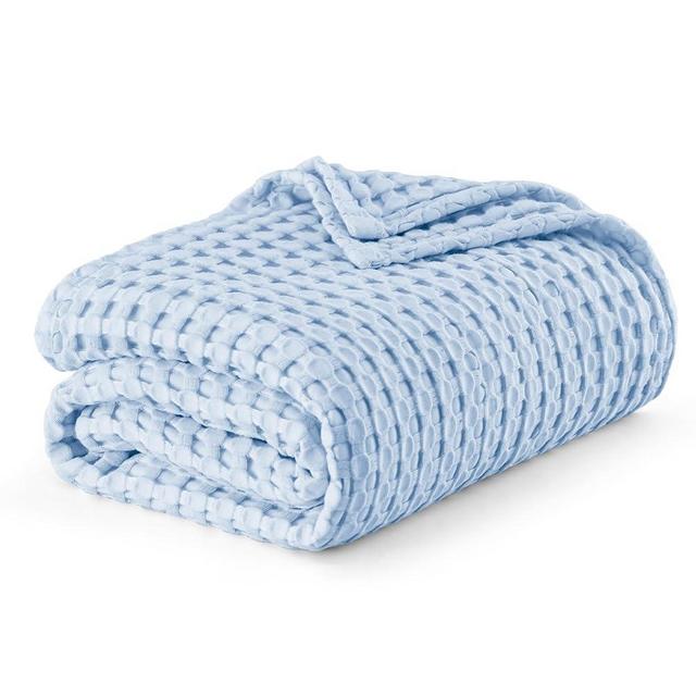 Bedsure Cooling Cotton Waffle Queen Size Blanket - Lightweight Breathable Blanket of Rayon Derived from Bamboo for Hot Sleepers, Luxury Throws for Bed, Couch and Sofa, Blue, 90x90 Inches
