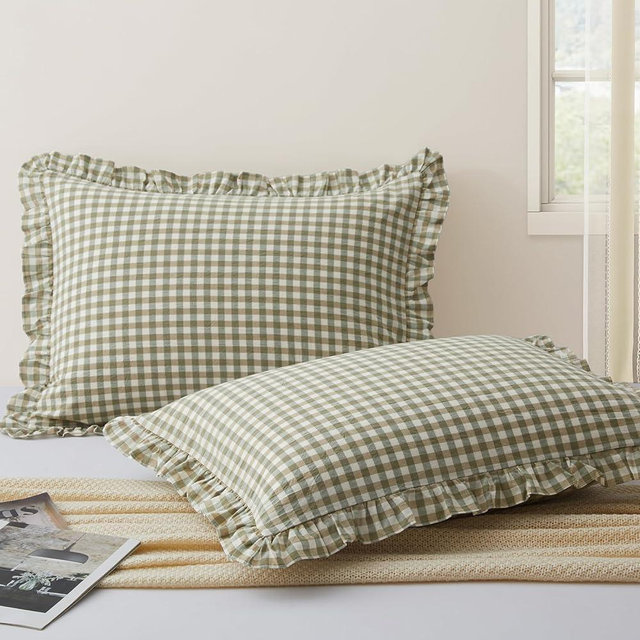 KKJIAF 2 Pcs Plaid Ruffle Pillow Case King Size, Cotton Gingham Ruffled Euro Sham Pillow Covers 20x36 Inches, Linen Feel Plaid Bed Pillow Shams with Envelope Closure for Sofa Bed (Sage Green Plaid)