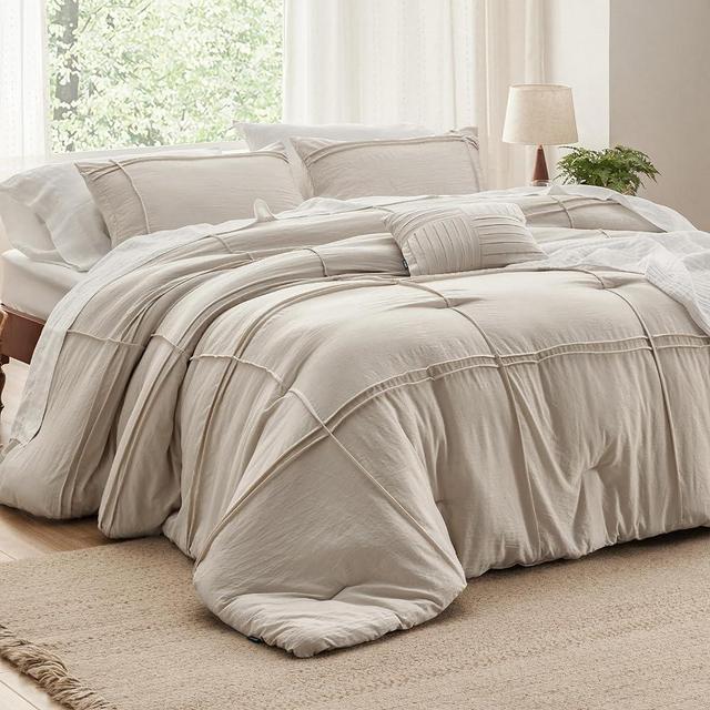 Bedsure Beige Queen Comforter Set - 4 Pieces Grid Pleat Bed Set, Down Alternative Bedding Sets for All Season, Includes 1 Comforter, 2 Pillowcases, and 1 Decorative Pillow