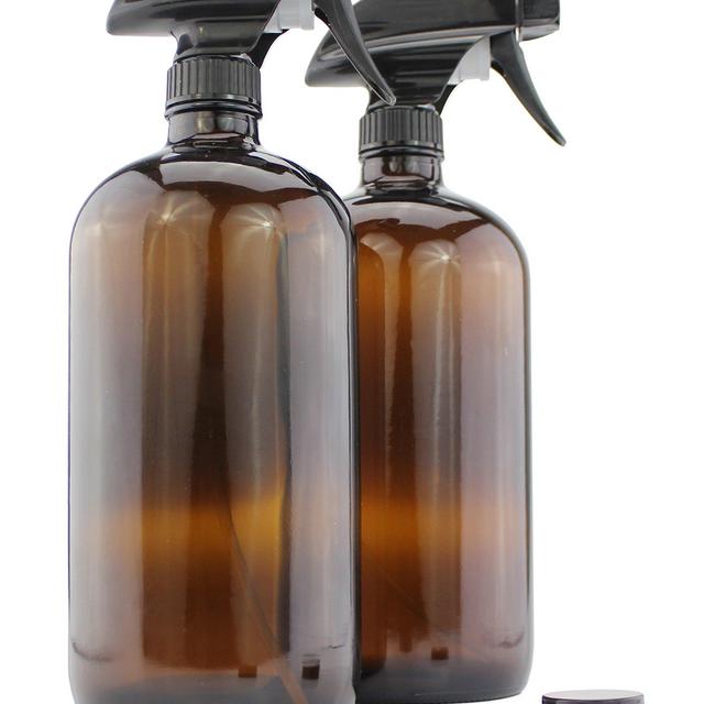 32-Ounce Amber Glass Spray Bottles w/Heavy Duty Mist & Stream Sprayers (2-Pack); Quart Size Brown Bottles w/ 3-Setting Adjustable Trigger Sprayers; Includes Caps for Storage & Chalk Labels