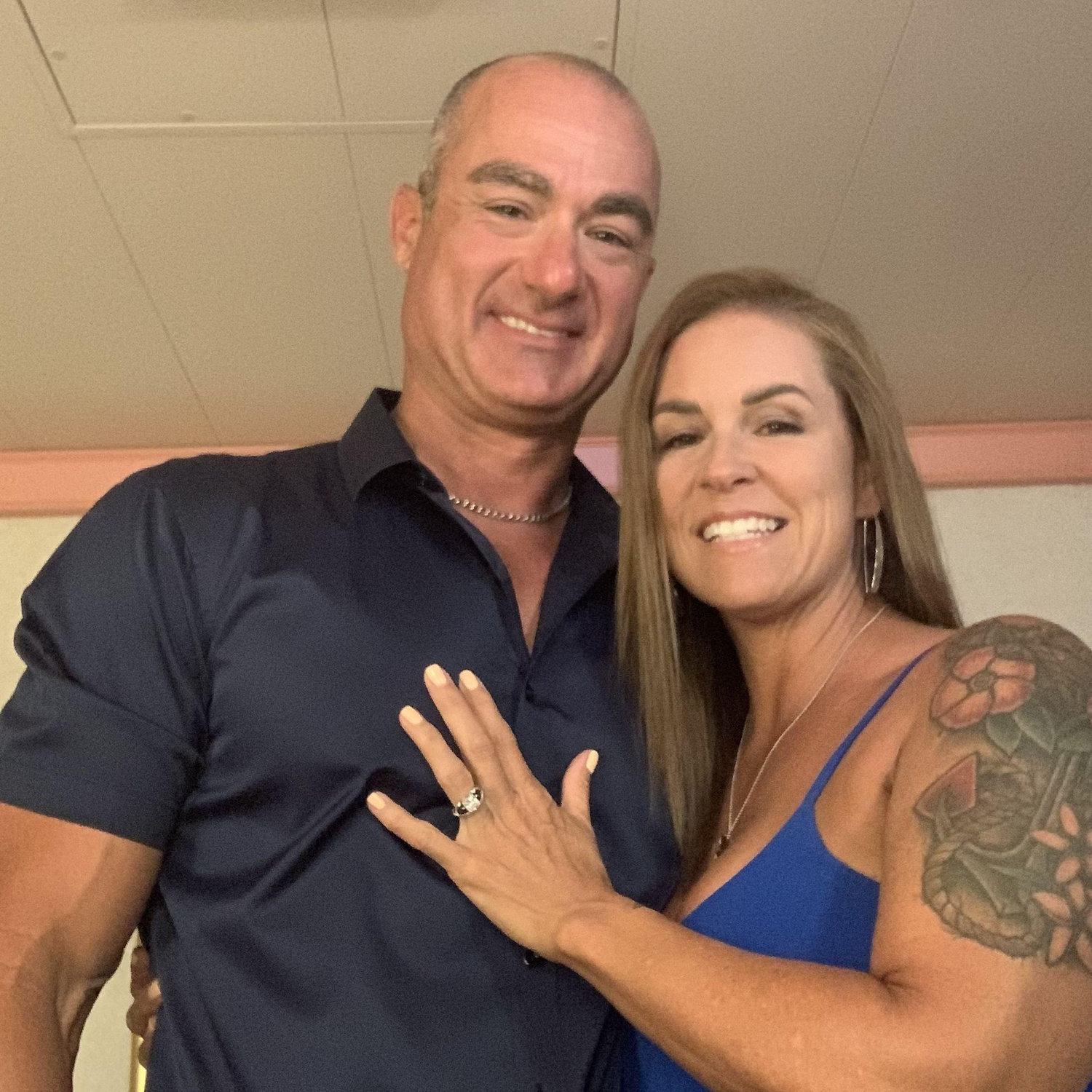 Pre dinner pic on our cruise ship after just getting engaged on the beach in Nassau, Bahamas! April 2025