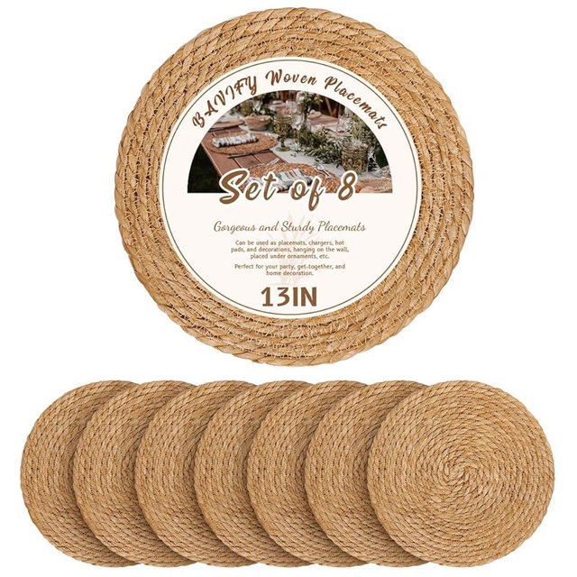 13 in Round Woven Boho Placemats Set of 8, Wicker Rattan Place Mats Chargers for Dinner Plates, Farmhouse Rustic Table Mats for Dining Table Decor