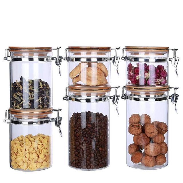 KKC HOME ACCENTS Clear Borosilicate Glass Storage Jars with Airtight Locking Clamp Lids Sealed Kitchen Canisters,Pack of 6