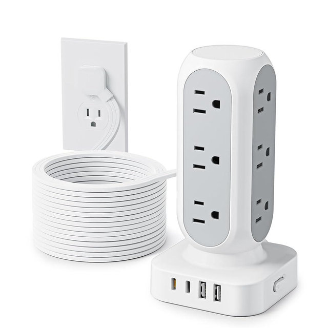 Flat Plug Power Strip Tower 15FT, 40W Total Fast Charging Station, Dual PD 20W USB-C Surge Protector with 12 AC Outlets and 8 USB Ports (4 USB C), Long Extension Cord for Home Office Dorm Room