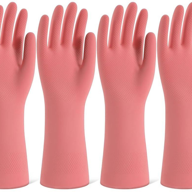 Rubber Cleaning Gloves for Dishwashing, 4 Pairs Reusable Kitchen Gloves for Washing Dishes and Household Cleaning, Pink Dish Gloves with Flocked Lining and Non-Slip Grip, Pefect for Woman Men - S