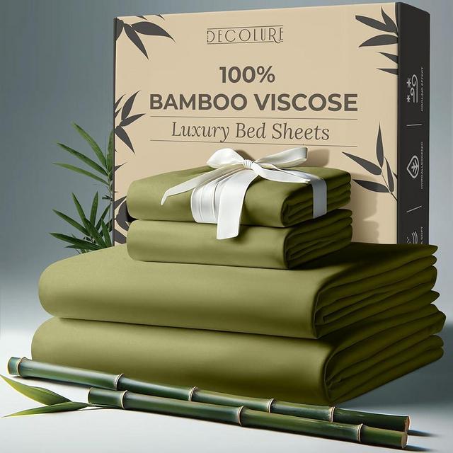 DECOLURE 100% Organic Bamboo Viscose Sheets King Size 4 pcs - Ultra Soft & Luxuriously Cooling, 17" Deep Pocket, Double Stitching,Perfect for Hot Sleepers - Luxury King Bed Sheets Set (Light Olive)